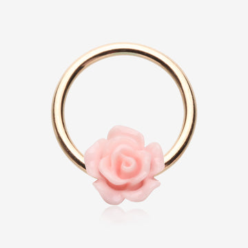 Rose Gold Dainty Rose Blossom Steel Captive Bead Ring-Pink